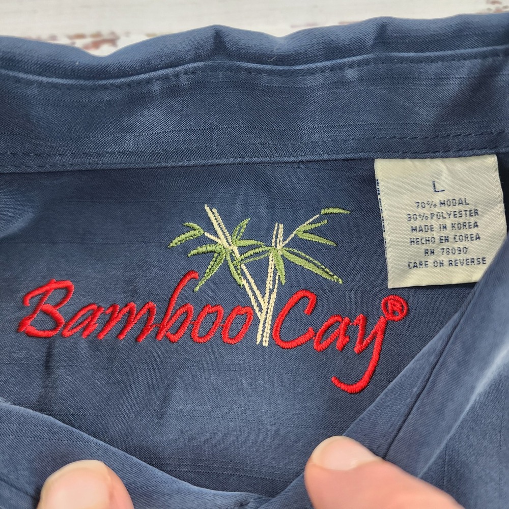 Bamboo Cay Mens Tall Palms Embroidered Silk Camp Shirt Navy Cream Tropical L - Picture 4 of 6
